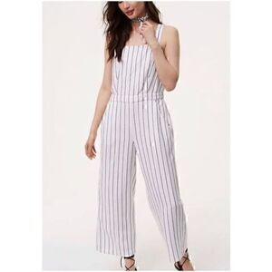 Loft Black and White‎ Striped Linen Wide Leg Jumpsuit Zip Back Pockets Size S